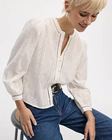 Puffy-Sleeve Split-Neck Blouse with Eyelet Trims