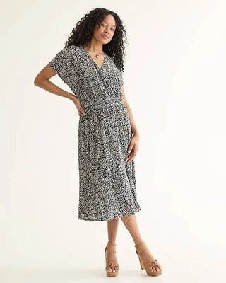 Short-Sleeve Fit and Flare Dress with Wrap Neckline