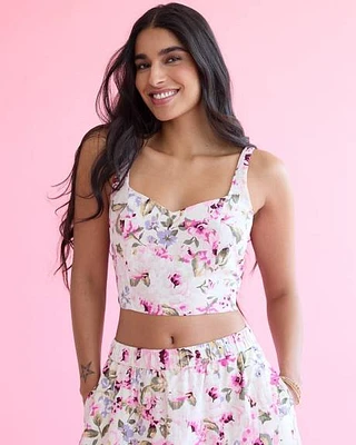 Linen-Blend Bustier Top with Sweetheart Neckline