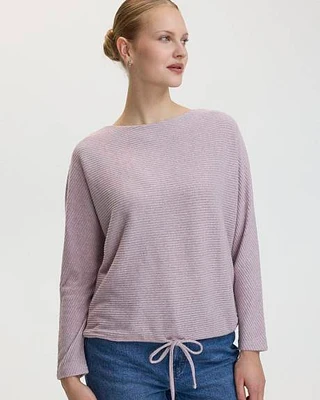 Long-Sleeve Boat-Neck Ribbed Sweater with Drawstring