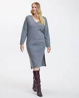 Long-Sleeve V-Neck Midi Sweater Dress