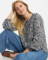 Long-Sleeve Crew-Neck Blouse with Pintucks