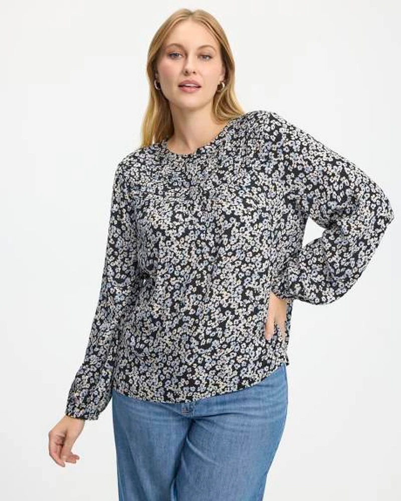 Long-Sleeve Crew-Neck Blouse with Pintucks