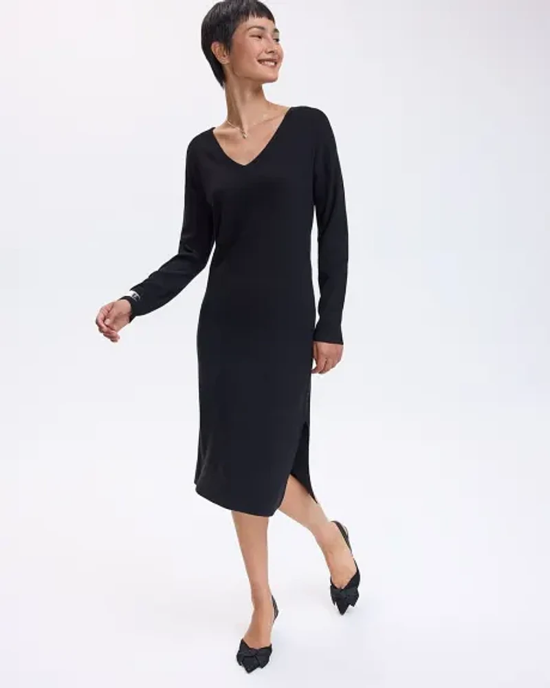 Long-Sleeve V-Neck Midi Sweater Dress