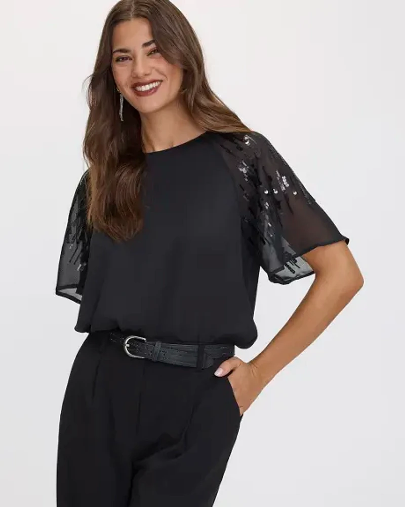 Crew-Neck Loose Blouse with Sequin Short Sleeves