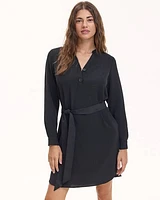 Long-Sleeve Shift Dress with Split Neckline