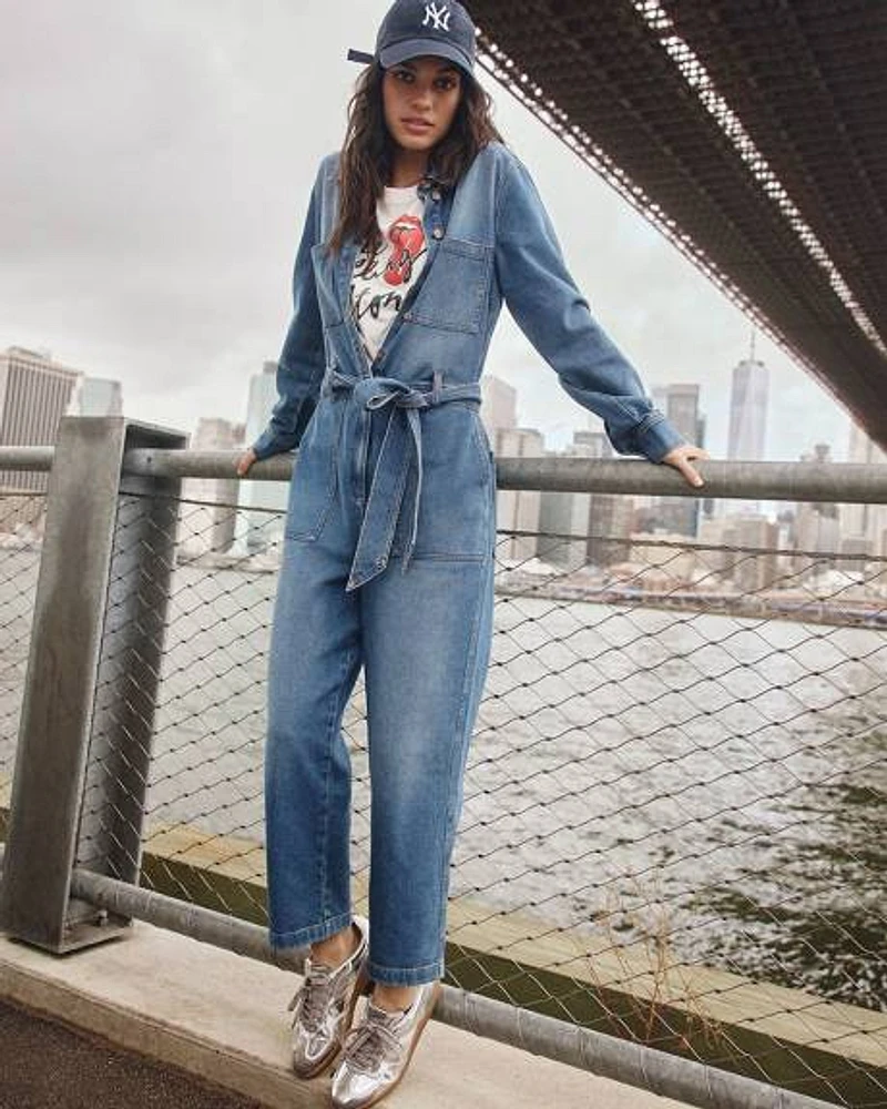 Straight-Leg Long-Sleeve Denim Jumpsuit