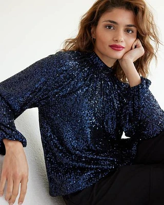 Long-Sleeve Mock-Neck Sequins Top