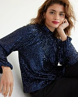 Long-Sleeve Mock-Neck Sequins Top