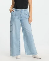 Wide-Leg Mid-Rise Cargo Denim Pant