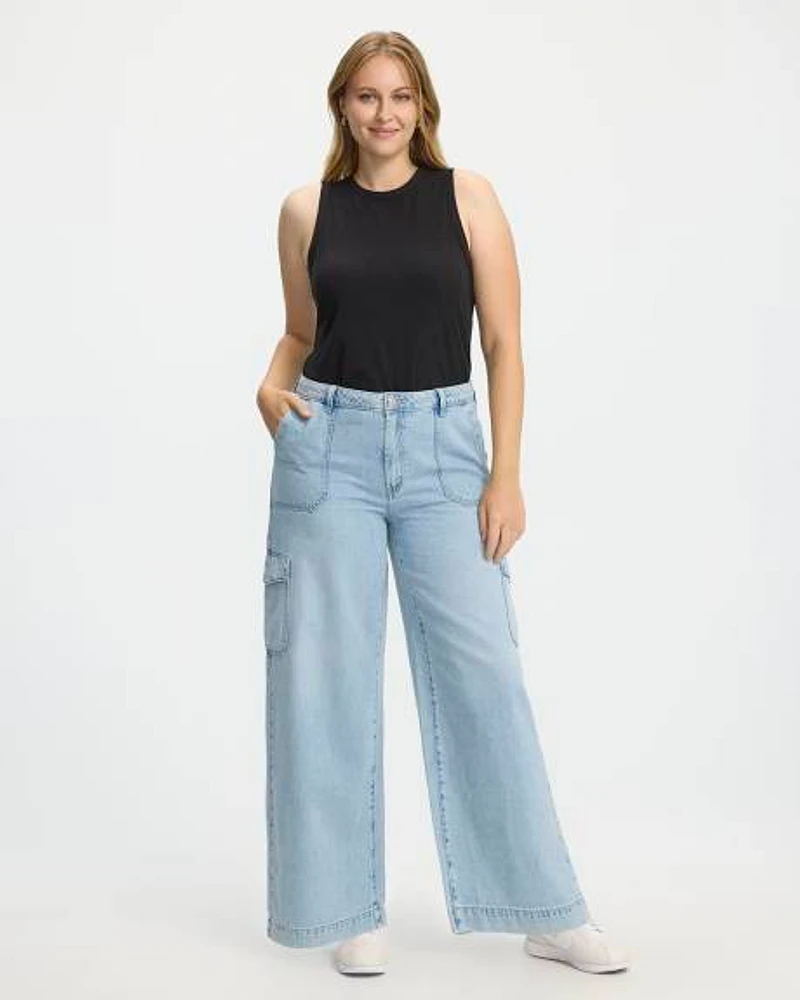 Wide-Leg Mid-Rise Cargo Denim Pant