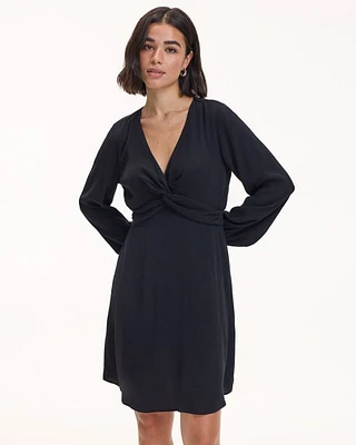 Long-Sleeve V-Neck Dress with Twisted Detail