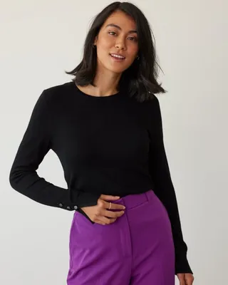 Long-Sleeve Crew-Neck Sweater with Buttons at Cuffs
