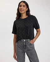 Short-Sleeve Crew-Neck Loose Blouse with Pearls