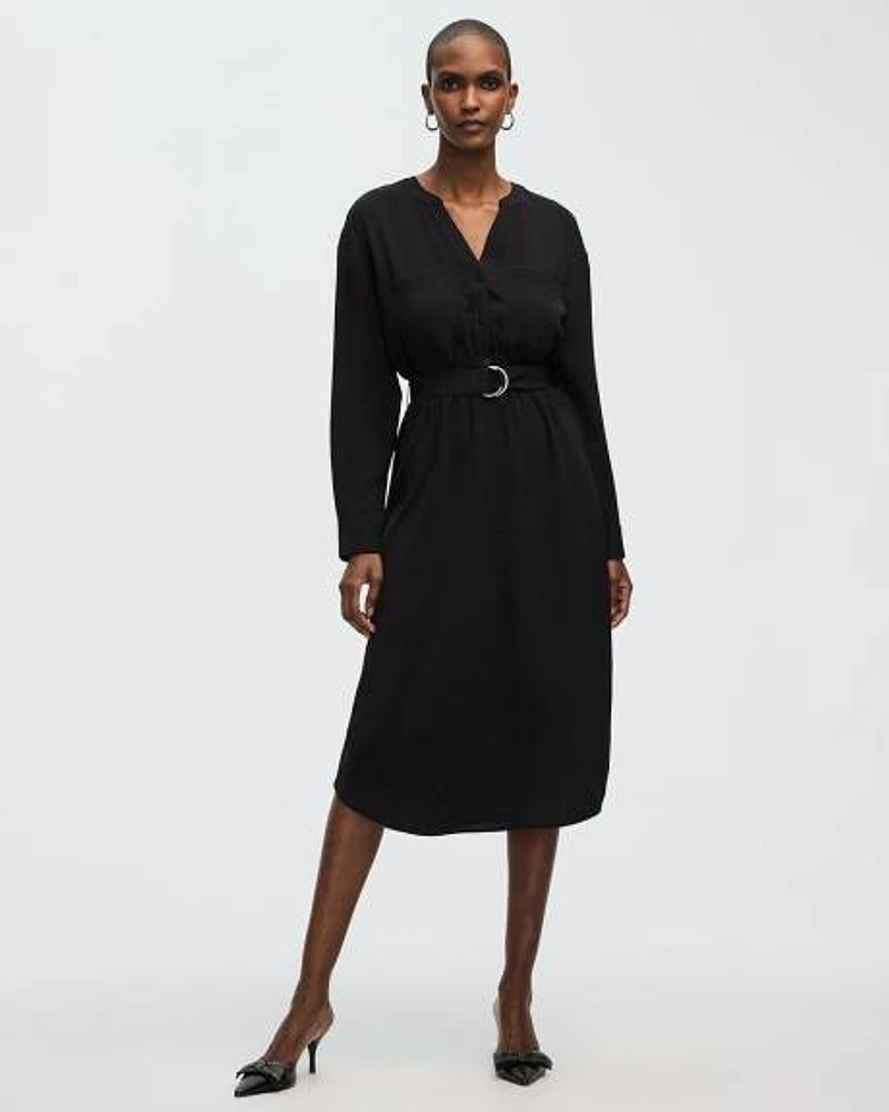 Long-Sleeve Split-Neck Satin Dress