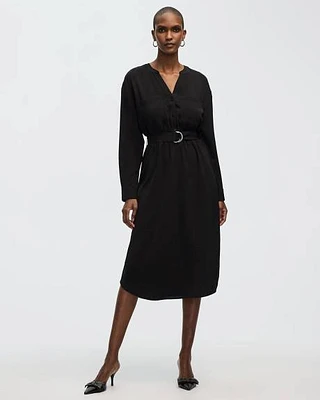 Long-Sleeve Split-Neck Satin Dress