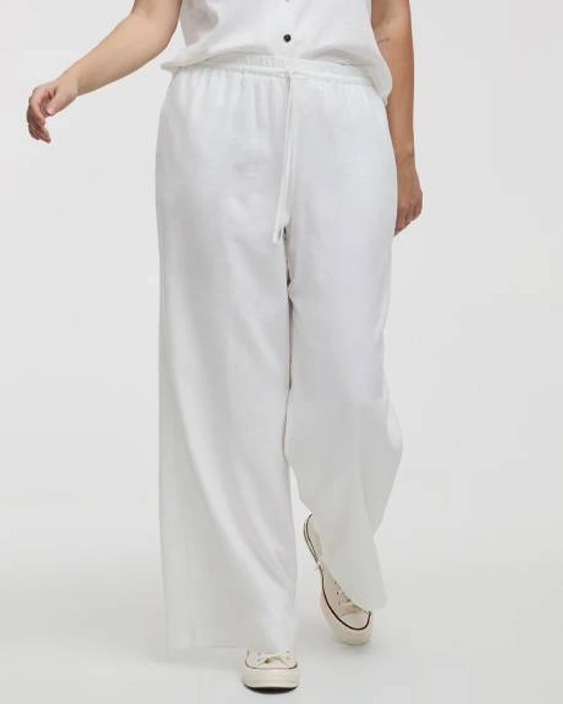 Pantalon en mélange de lin à jambe large et taille haute