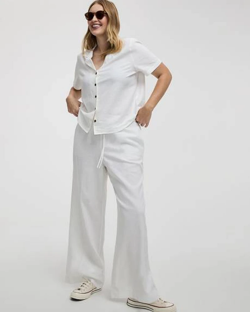 Pantalon en mélange de lin à jambe large et taille haute