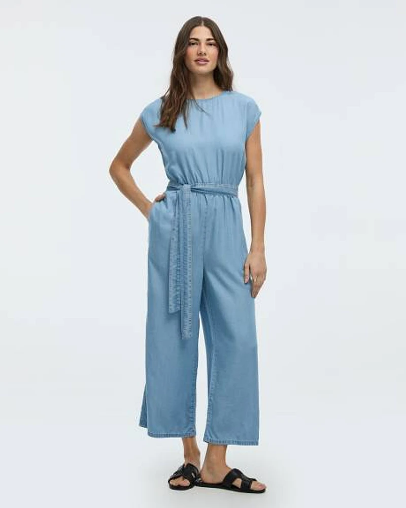 Straight-Leg Short-Sleeve Jumpsuit with Crew Neckline