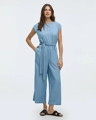 Straight-Leg Short-Sleeve Jumpsuit with Crew Neckline