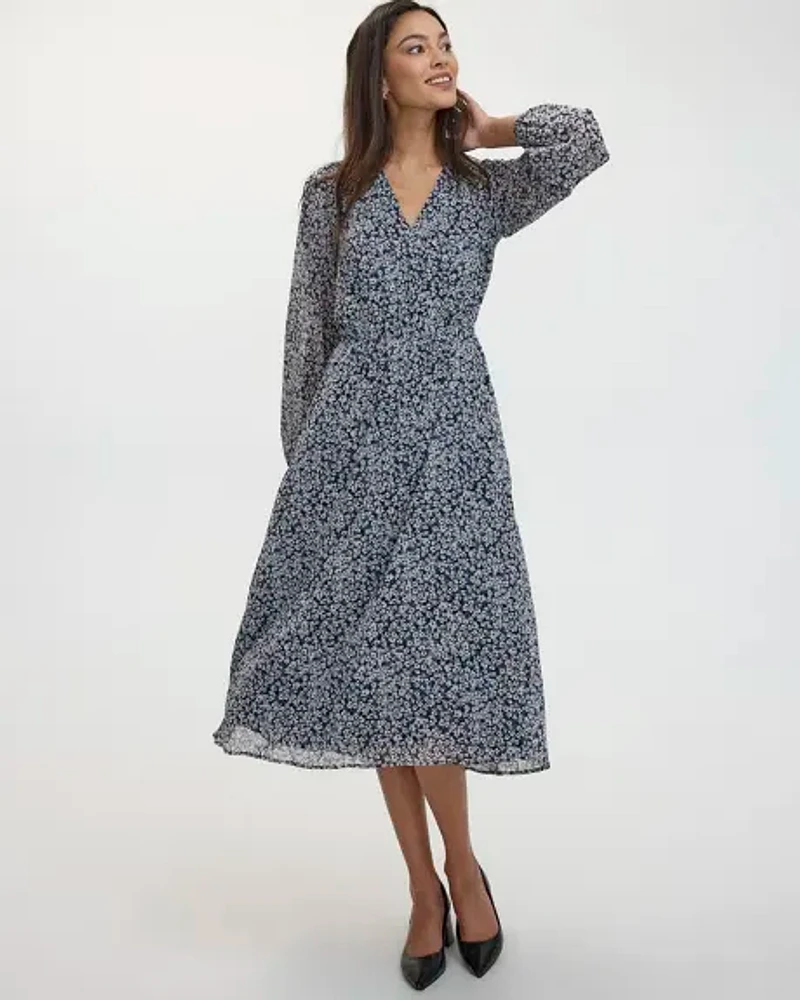 Long-Sleeve V-Neck Midi Dress