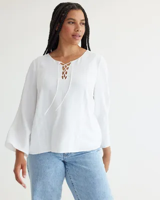 Long-Sleeve V-Neck Loose Blouse with Dace Letails