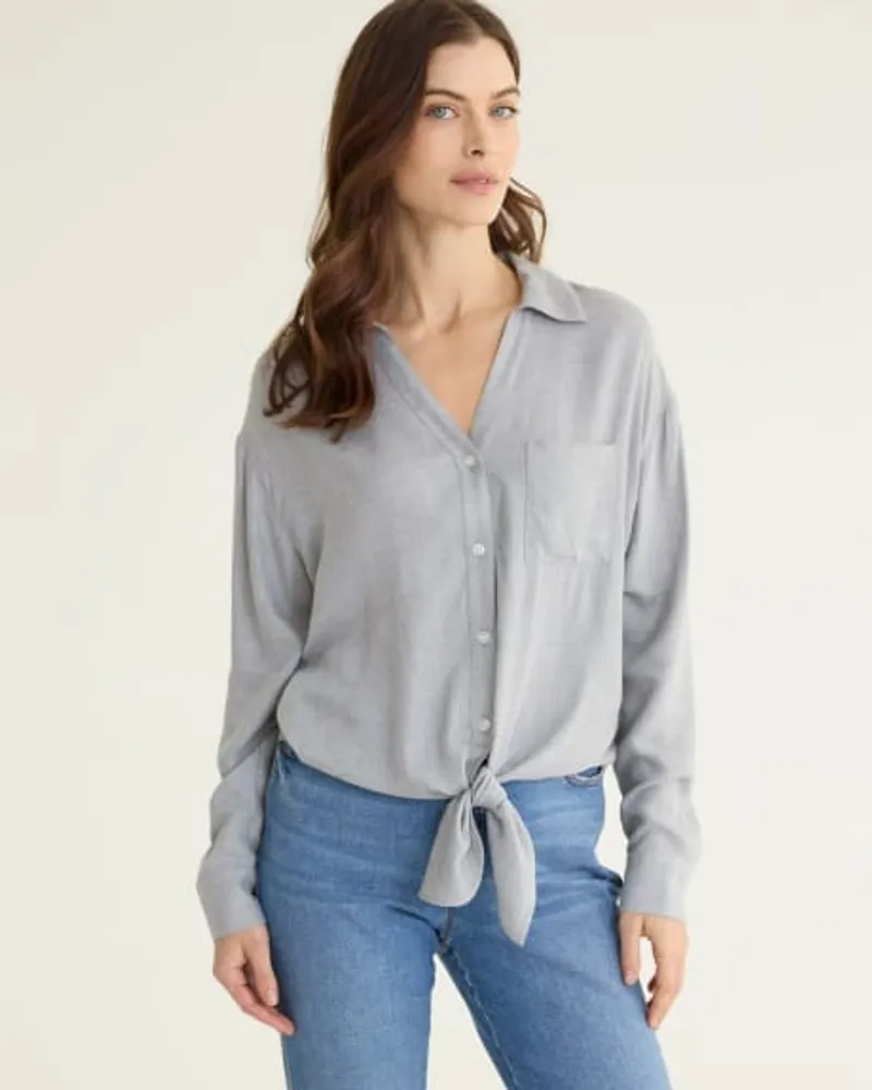 Long-Sleeve Buttoned-Down Blouse with Self-Tie at Hem