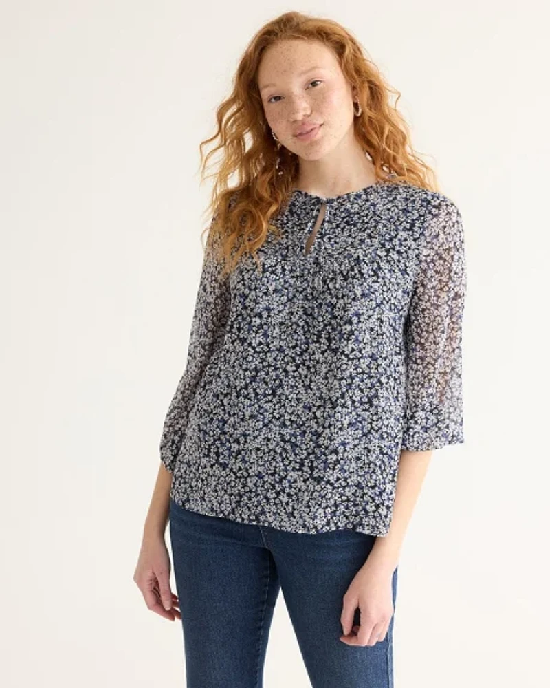 3/4-Sleeve Split-Neck Blouse with Pintucks