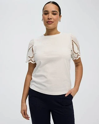 T-shirt bimatière à manches courtes bouffantes et col rond