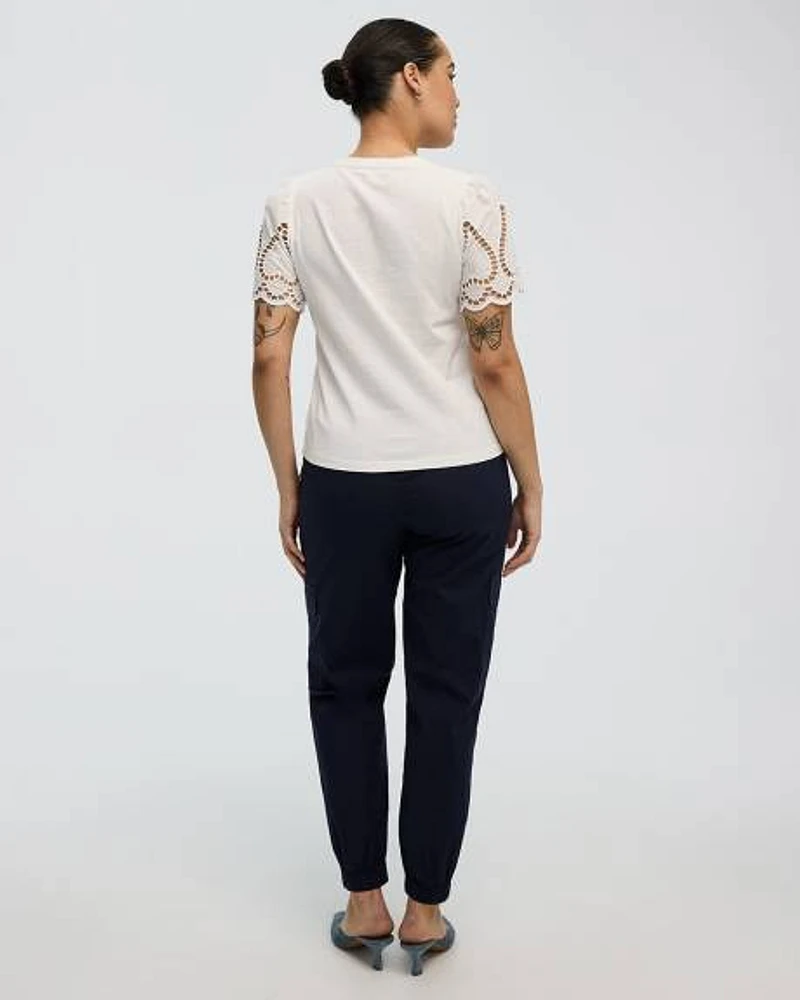 T-shirt bimatière à manches courtes bouffantes et col rond