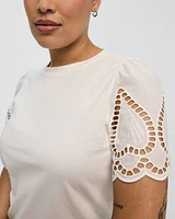 T-shirt bimatière à manches courtes bouffantes et col rond