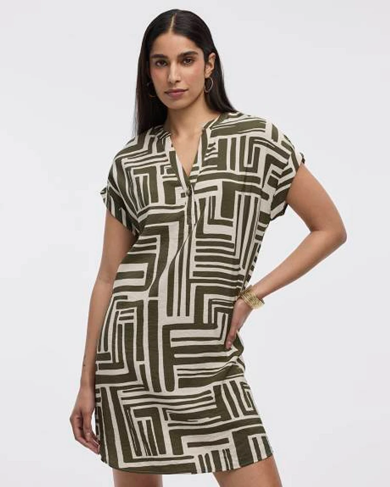 Extended-Sleeve Shift Dress with Split Neckline