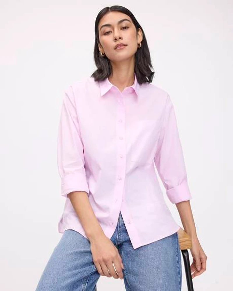 Crosshatch Long-Sleeve Buttoned-Down Blouse with Chest Pocket