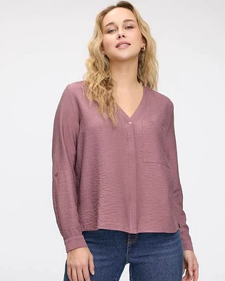 Long-Sleeve V-Neck Blouse with Chest Pocket