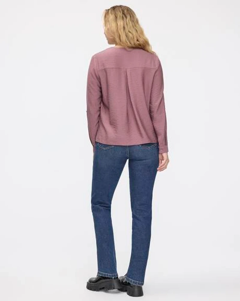 Long-Sleeve V-Neck Blouse with Chest Pocket