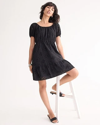 Short-Puffy-Sleeve Eyelet Dress with Scoop Neckline