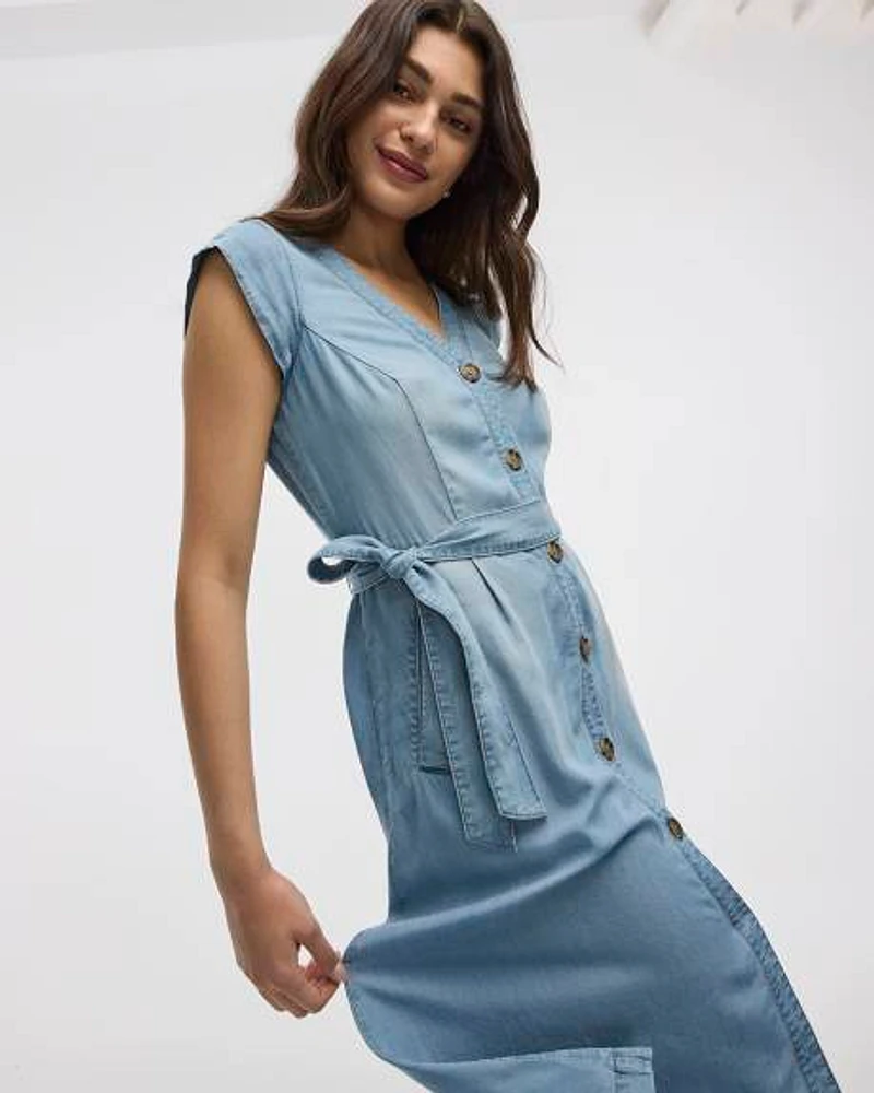 Robe midi à boutonner en Tencel manches courtes