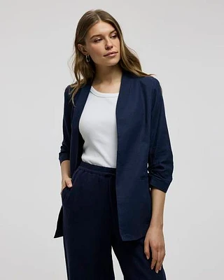 Open Linen Blazer with Ruched Sleeves
