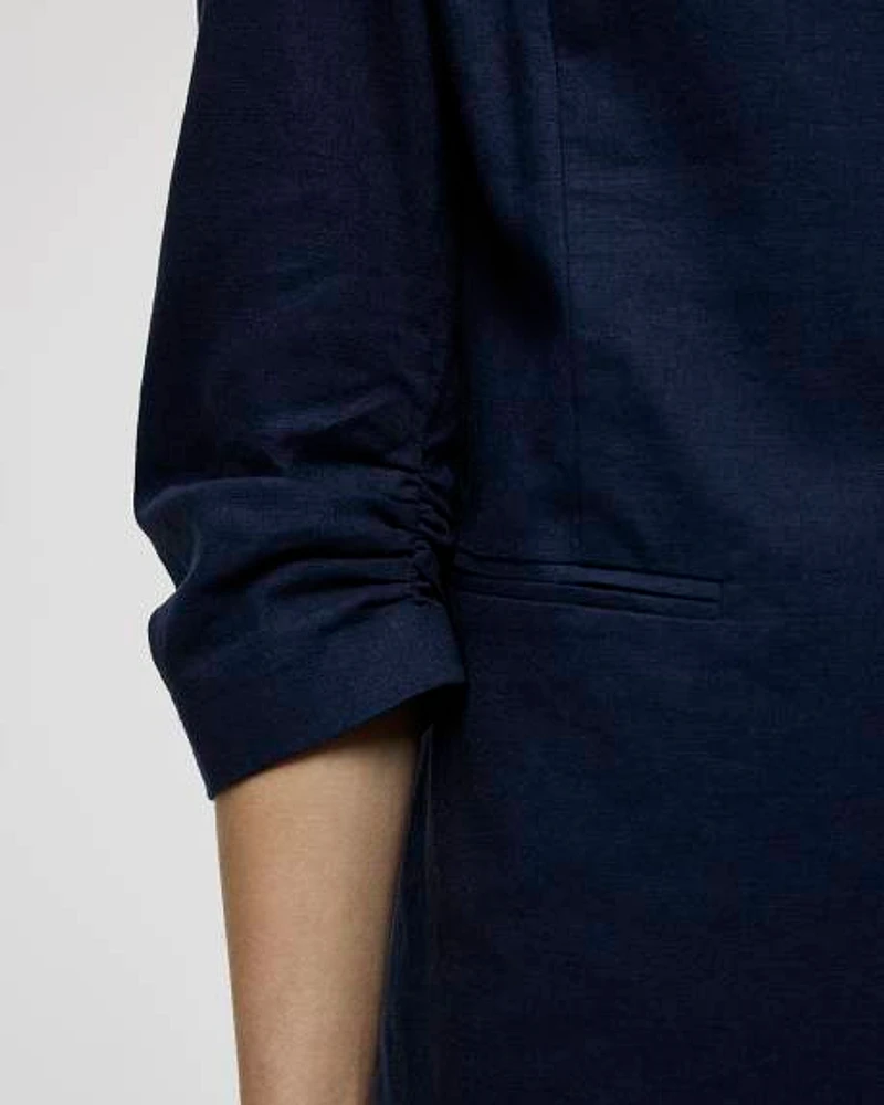 Open Linen Blazer with Ruched Sleeves