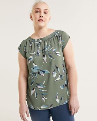 Cap Sleeve Boat Neck Printed Blouse