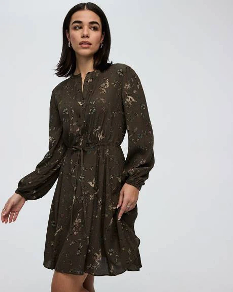 Long-Sleeve Crew-Neck Dress with Pintucks