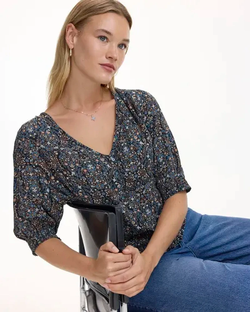 3/4-Sleeve Blouse with V Neckline