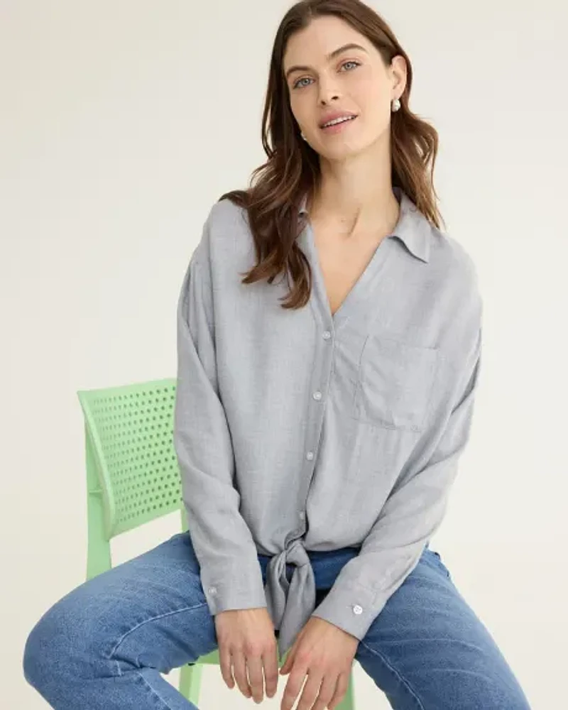 Long-Sleeve Buttoned-Down Blouse with Self-Tie at Hem