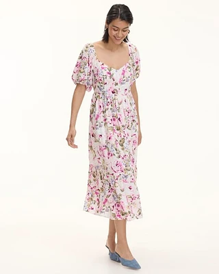 Short-Puffy-Sleeve Tiered Midi Dress with Sweetheart Neckline