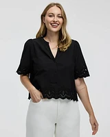 Elbow-Sleeve Split-Neck Blouse with Eyelet Trims