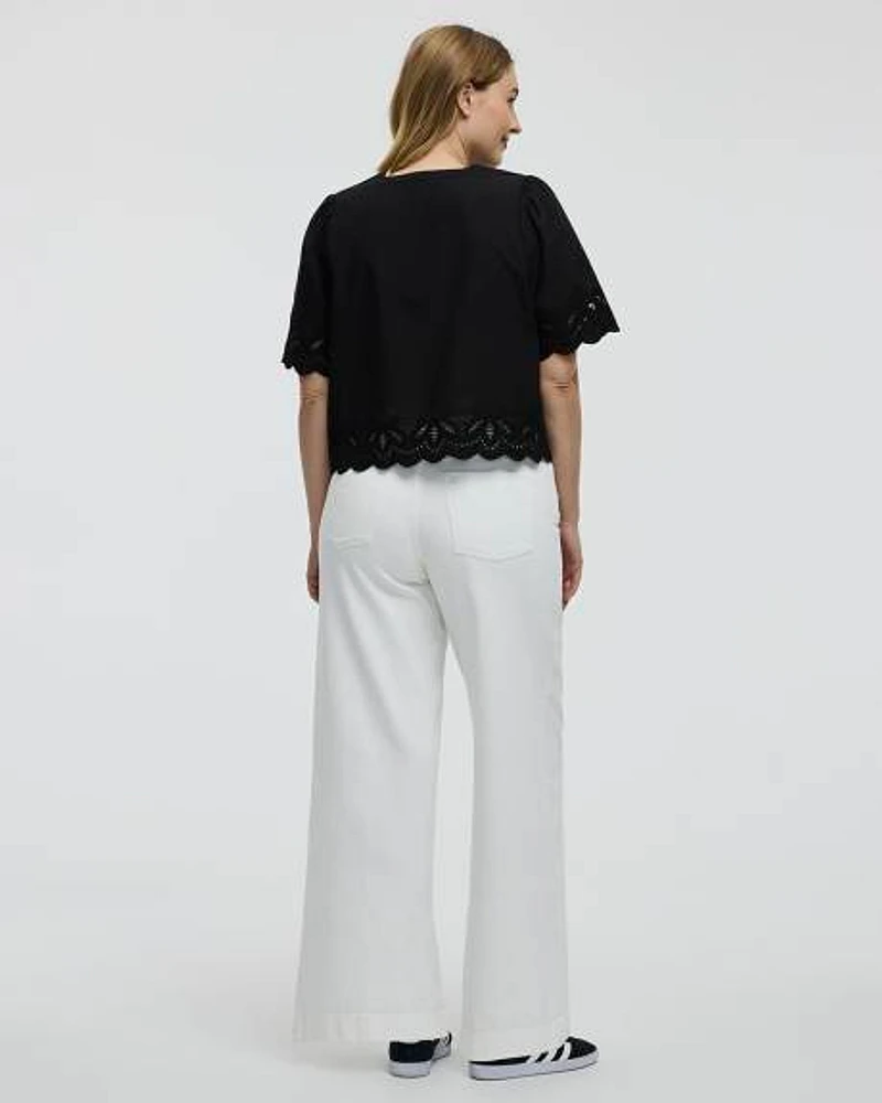 Elbow-Sleeve Split-Neck Blouse with Eyelet Trims