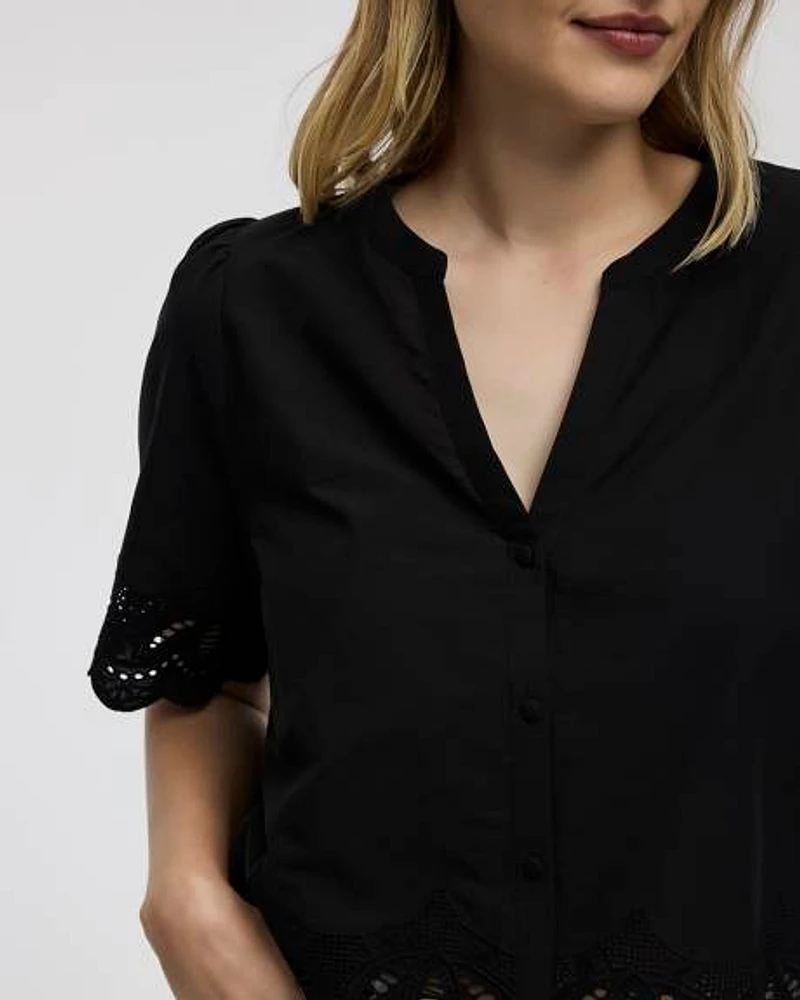 Elbow-Sleeve Split-Neck Blouse with Eyelet Trims