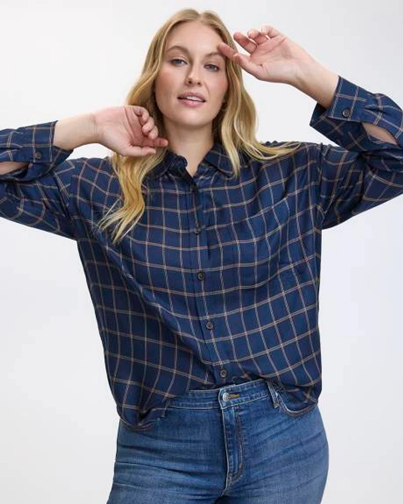 Long-Sleeve Plaid Blouse with Chest Pocket