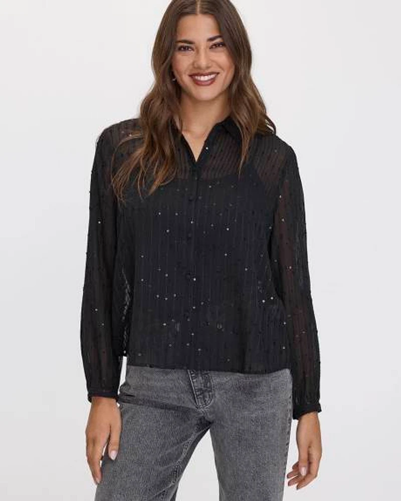 Long-Sleeve Buttoned-Down Sequins Blouse