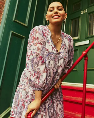 Long-Sleeve Swing Dress with Split Neckline